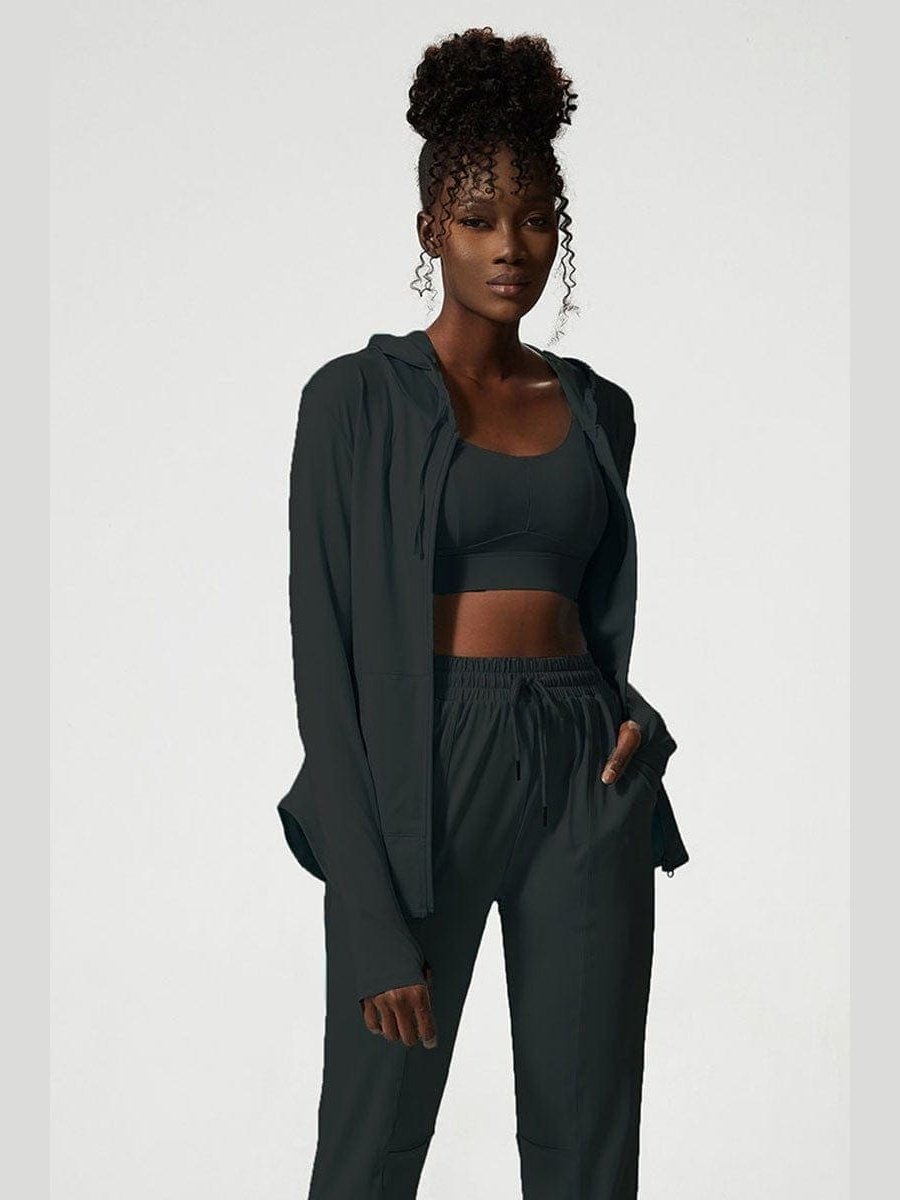 Drawstring solid zipper long sleeve hooded jacket - LEGDAY EVERYDAY